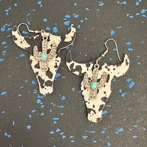 Cow Print Bull Skull Earrings with Turquoise Accent